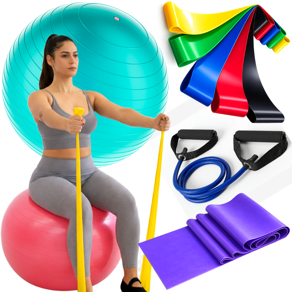 Kit Bola Pilates Elástico Exercício Mini Band Faixa Elástica