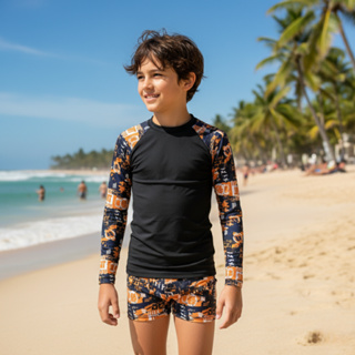 Conjunto Menino Blusa Manga Estampada + Sunga Adolescente Proteção UV50+ 44-ME em Oferta na Shopee