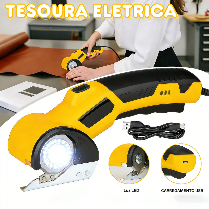 Tesoura Elétrica Cortador De Tecido Rotativo Bateria Longa Duração