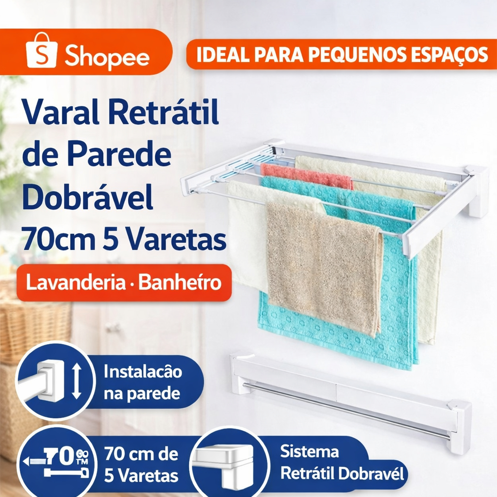 Varal Retrátil Parede Dobrável 70cm 5 Varetas Branco Lavanderia Banheiro Compacto Apartamento Inox