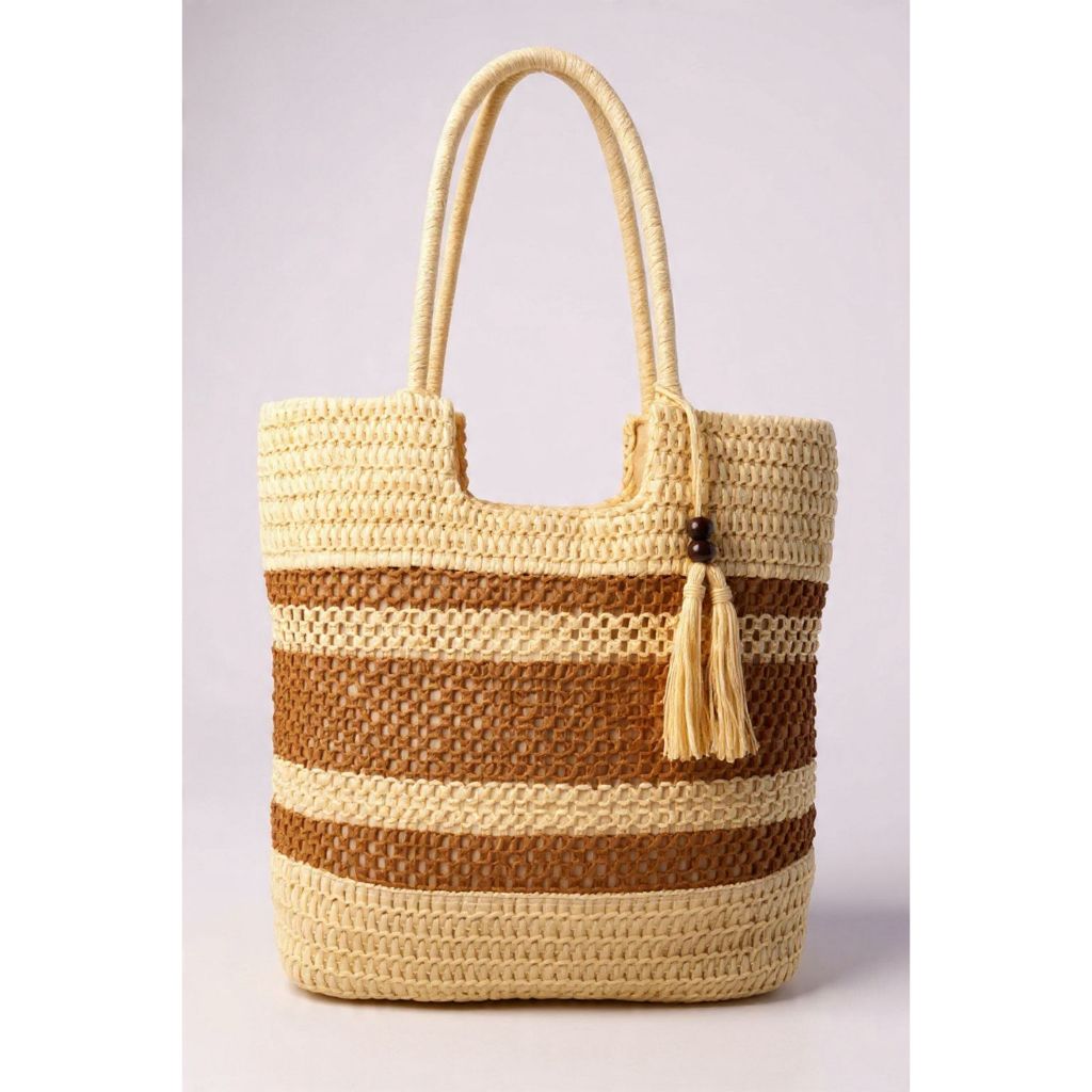 Bolsa De Praia Bicolor Verão Palha Com Chaveiro Médio Leve