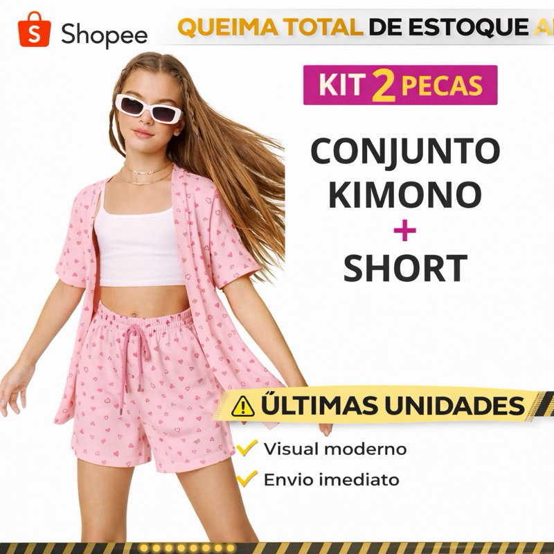 Conjunto Infantil Menina Estampa Colorida – Kimono + Short Tecido Summer Light 2 a 12 Anos