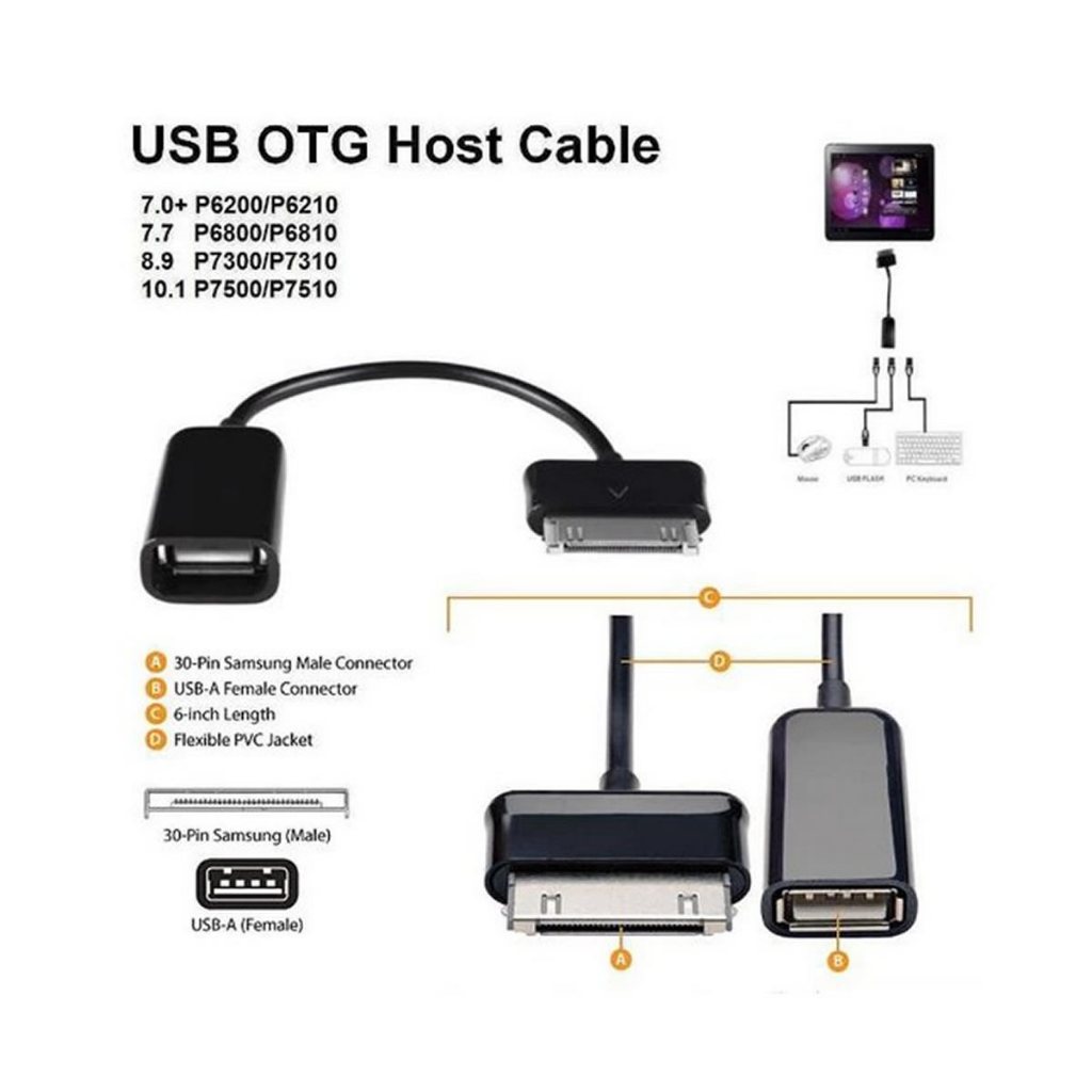 Cabo Adaptador OTG para Tablet Samsung P3110 P7300 P7310 P7510 P7500 N8000