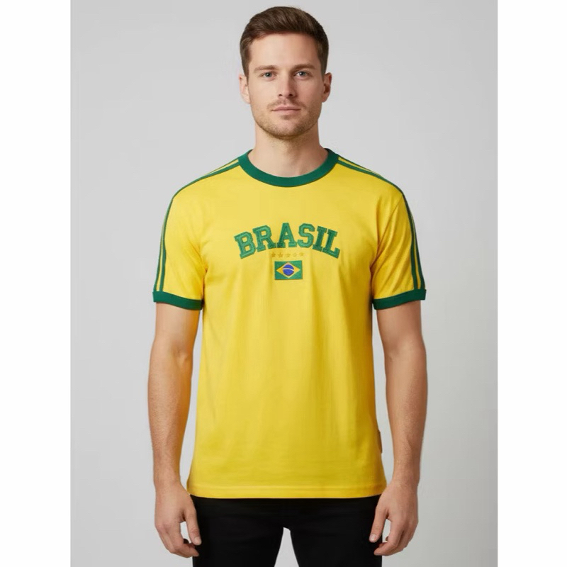 Camiseta do Brasil Masculina Bandeira Bordada - Amarela
