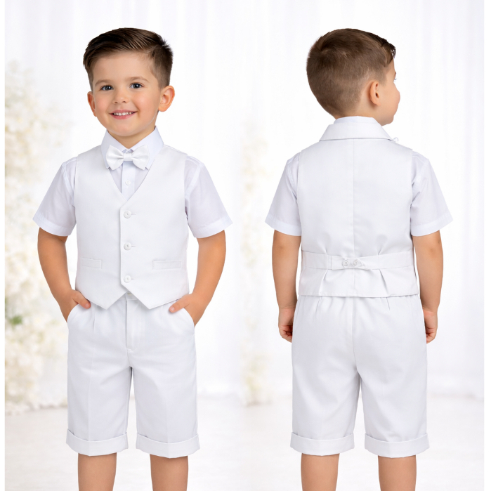Conjunto Social Infantil Branco Masculino Camisa Short Colete Suspensório Batizado