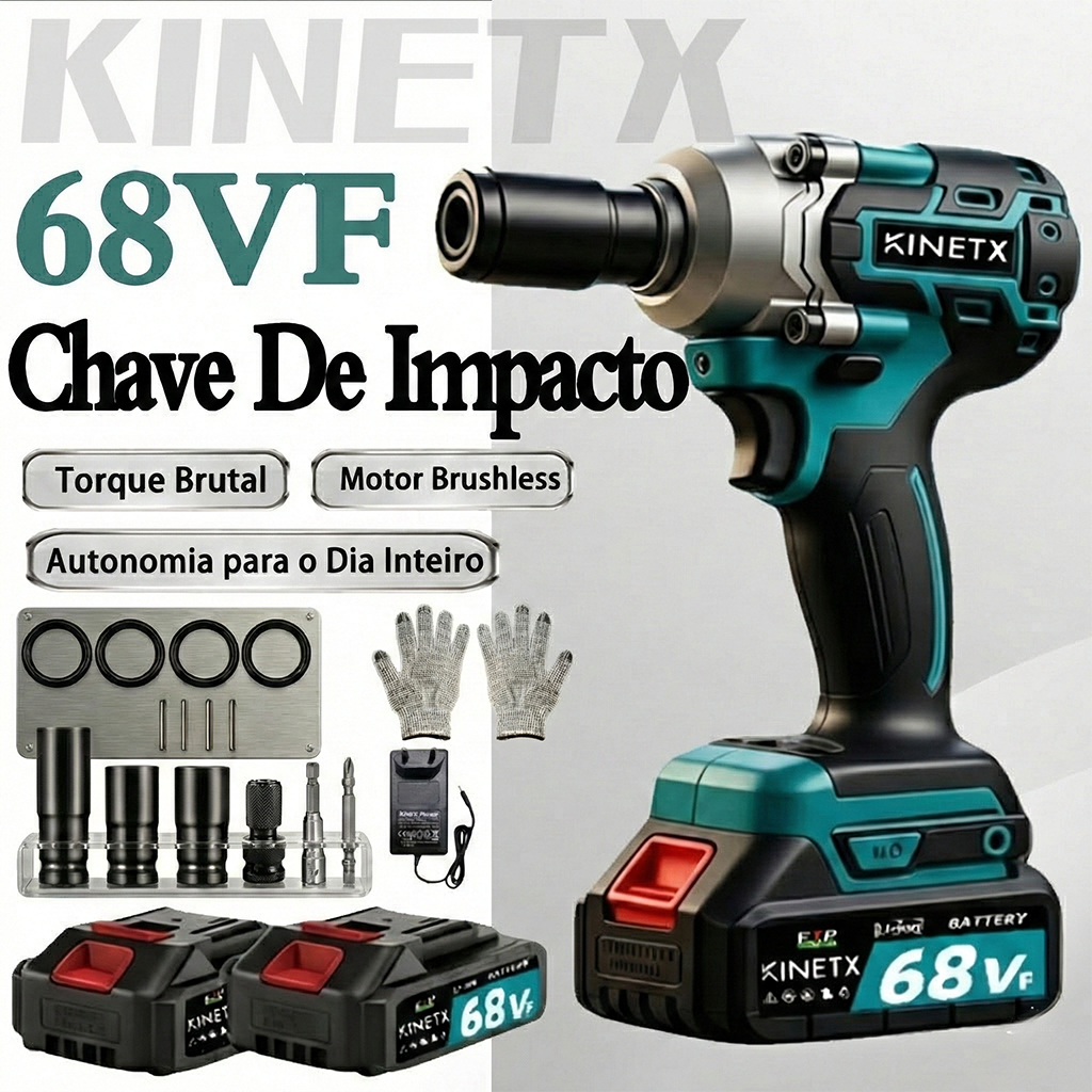 KINETX Chave De Impacto 68VF Sem Escova Dupla Finalidade Inclui 2 Baterias 5x1300mAh com 3 Soquetes e Luvas Gratuitas