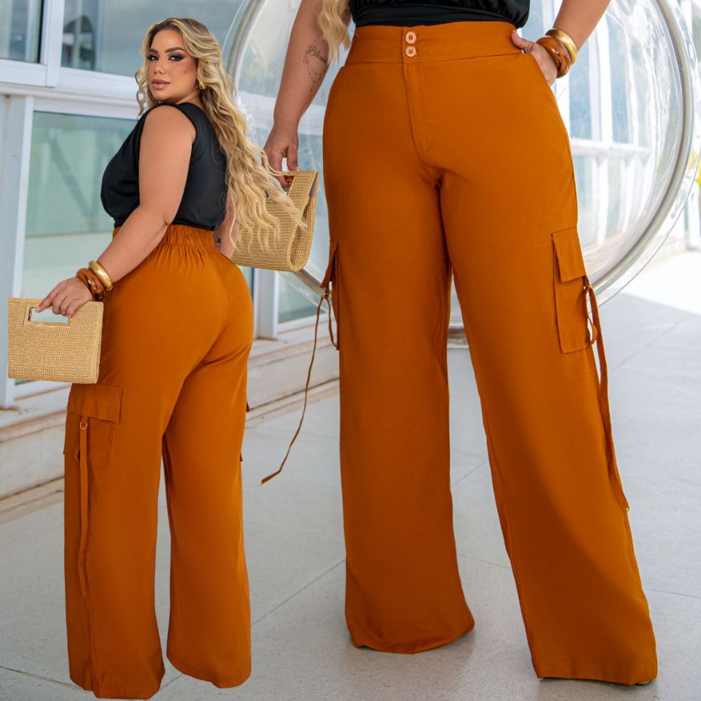Calça Cargo Feminina Wide Leg Pantalona Cintura Alta com Bolsos Elegante Confortável