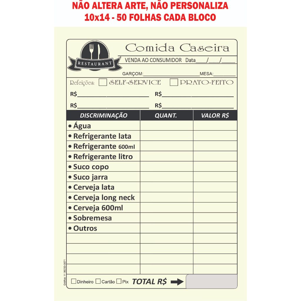 Comanda Comida Caseira 10x14, 50 folhas cada bloco Lanchonete Barzinho Restaurante Papelaria Anotações em Oferta na Shopee