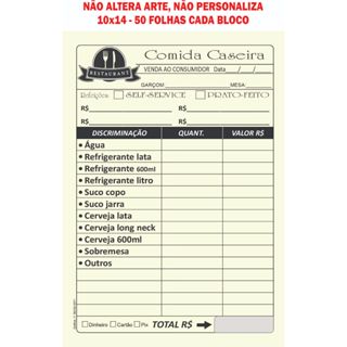 Comanda Comida Caseira 10x14, 50 folhas cada bloco Lanchonete Barzinho Restaurante Papelaria Anotações em Oferta na Shopee