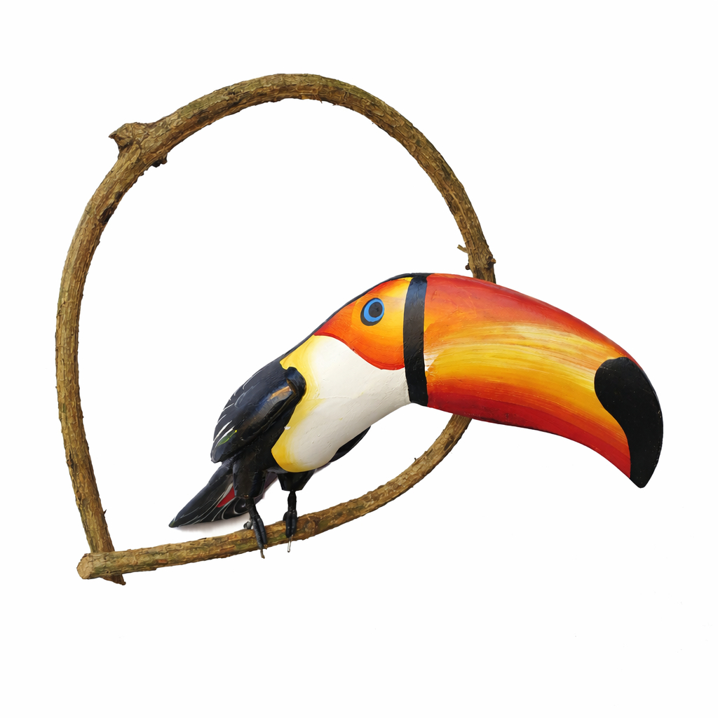 Escultura Tucano Artesanal em Madeira no Cipó – Tamanho P M G Decoração Jardim ou Varanda