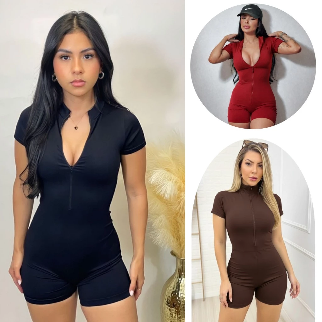Macaquinho Feminino Moda Gringa Macacão Fitness Gringo Shorts Curto Manga Curta Ziper Blogueira — imagem 1