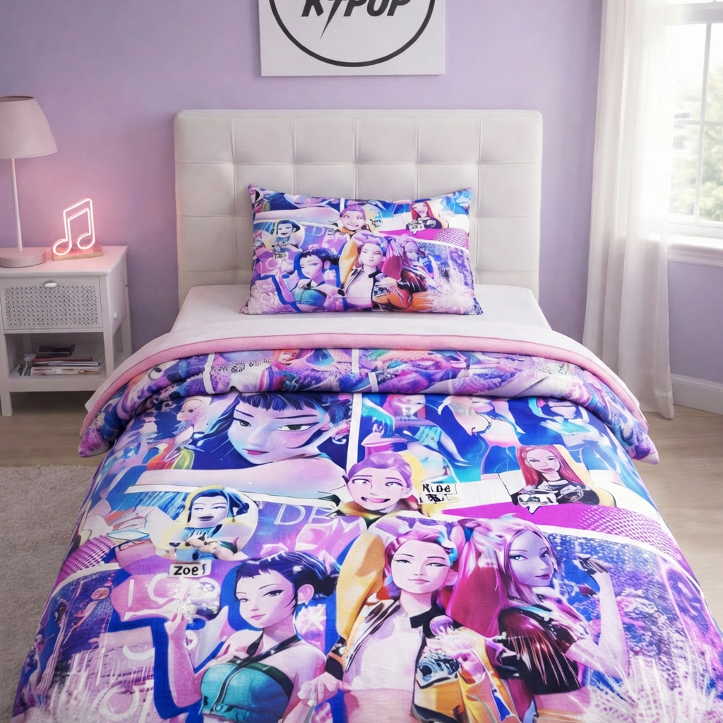 EDREDOM INFANTIL KPOP | 2 PEÇAS | PERSONAGEM HUNTR\X | SOLTEIRO | 1 FRONHA | 600 FIOS PREMIUM |