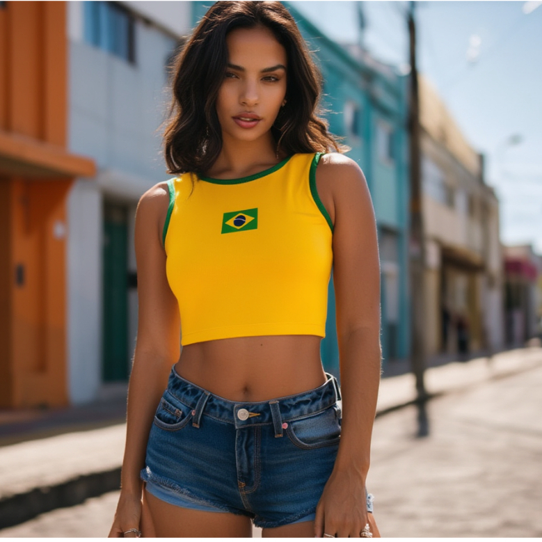 Regata Cropped Brasil Feminina Amarela Verde Copa Seleção Brasileira Verão