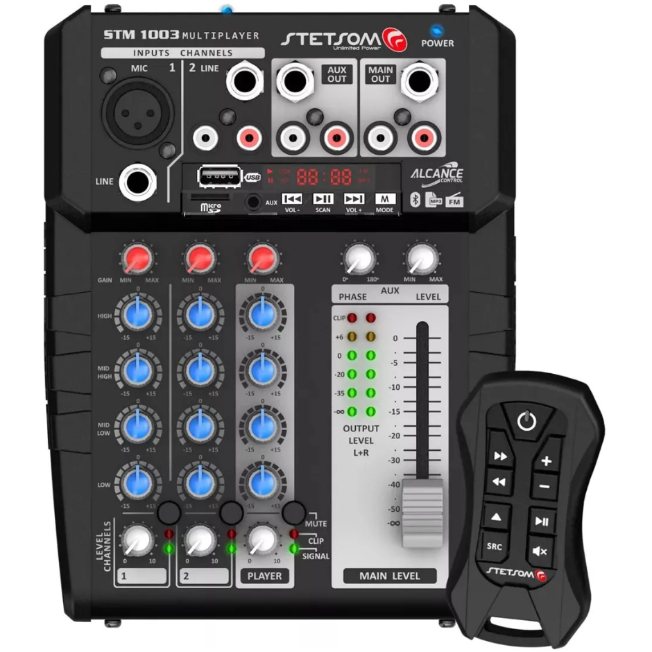 Mesa de Som Automotiva STETSOM STM1003 Mixer Bluetooth USB SD FM Controle Remoto Profissional