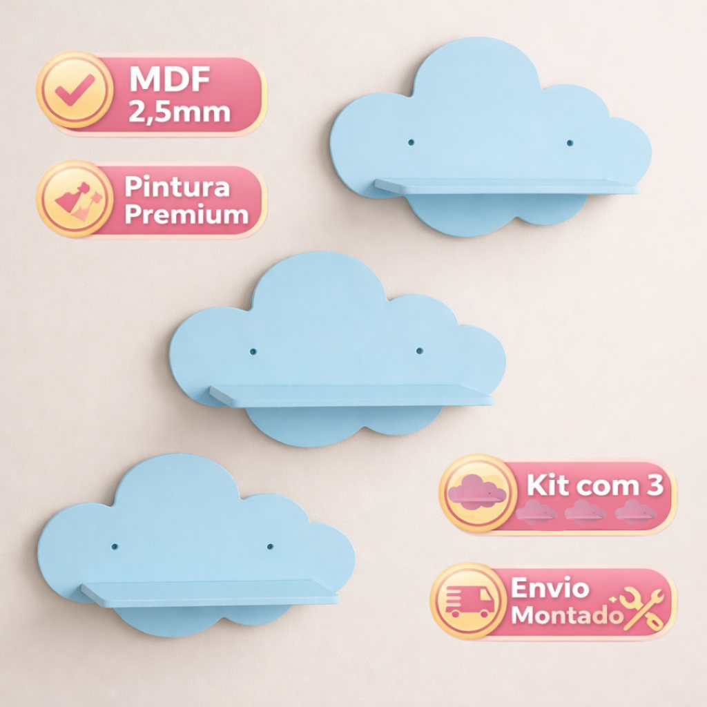 Kit 3 Nicho Para Quarto De Bebe Decoração Nuvem Mdf em Oferta na Shopee