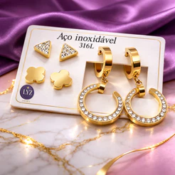 Kit 3 Pares Brincos Femininos Aço Inox 316L Antialérgico Argola Zircônia Triângulo Olyz Joias