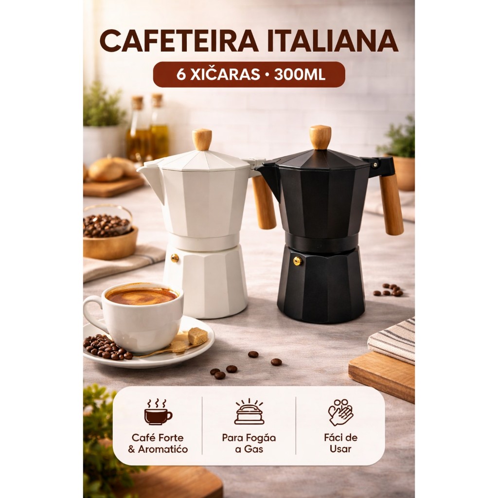Cafeteira Italiana 6 Xícaras 300ml Alumínio Tipo Moka Café Forte Fogão a Gás