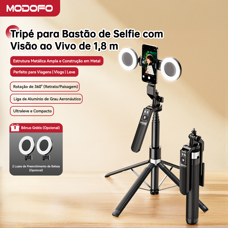 MODOFO Tripé Para Celular Profissional Com Ring Light Tripé Bastão Para Celular Portátil  180cm Com Controle Preto