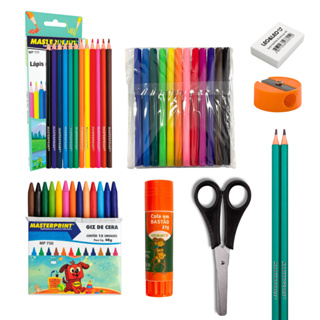 Kit Escolar Infantil Lapis Borracha Cola Apontador Tesoura Giz Canetinha Lapis de cor em Oferta na Shopee
