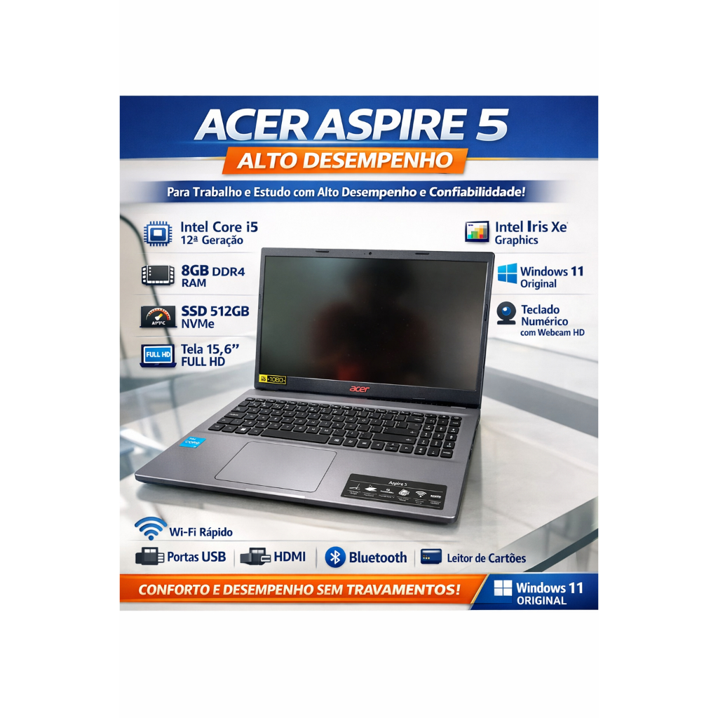 Notebook Acer Aspire 5 A515-57-565J – Core i5 12 ª 8GB RAM | SSD 512GB | Tela 15,6” Full HD | Win 11