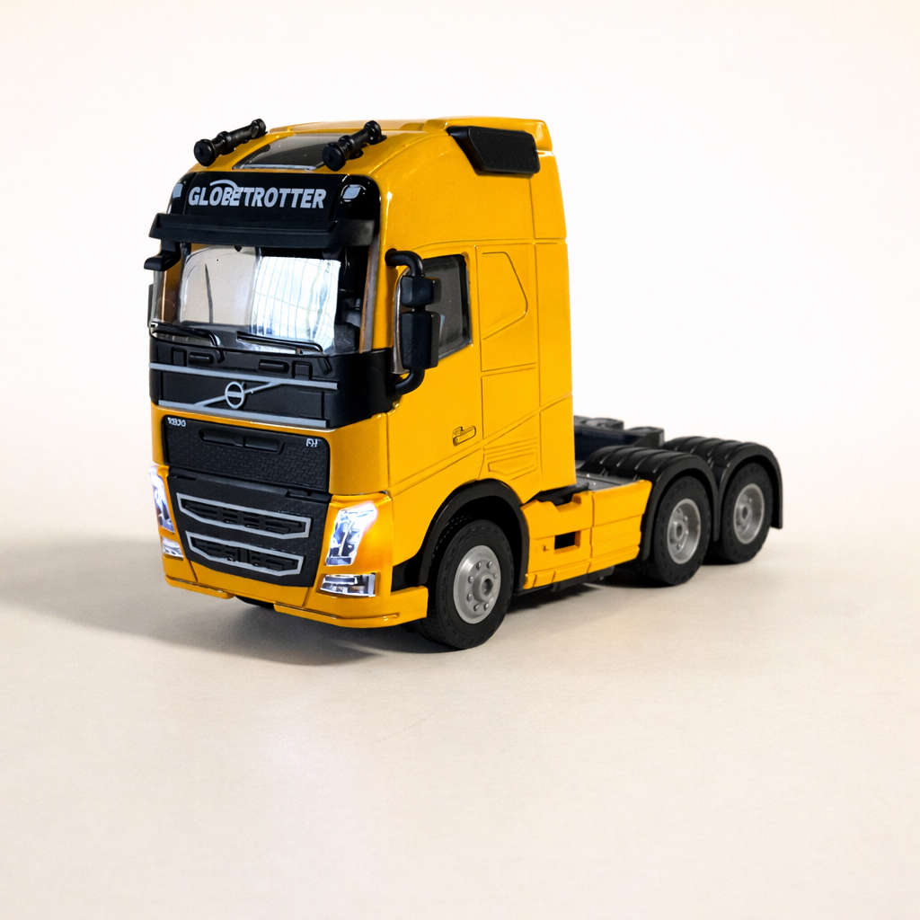 Miniatura Caminhão Volvo Trucado Globetrotter em Ferro 1:50 - Fricção - Acende Luzes e tem Som - Basculante