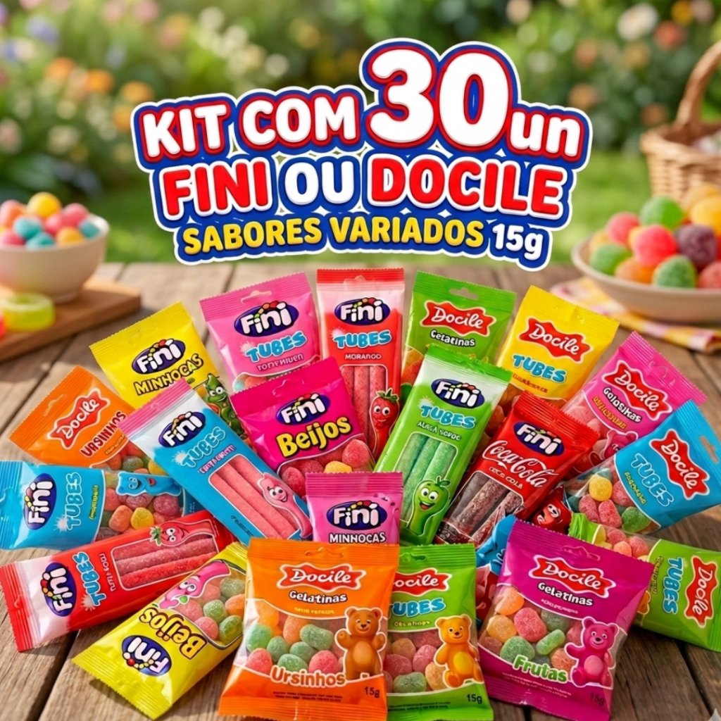 Kit 30 Pacotes Bala Fini  Ou Docile Sabores Variados em Oferta na Shopee