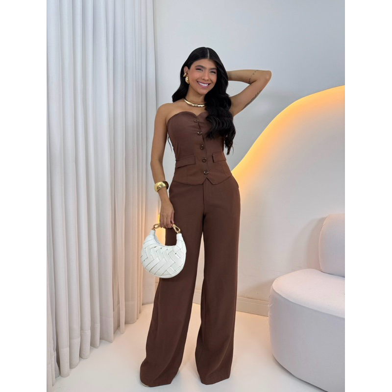 Conjunto Elegante Feminino Tomara-Que-Caia Mais Calça Pantalona Alfaiataria Social