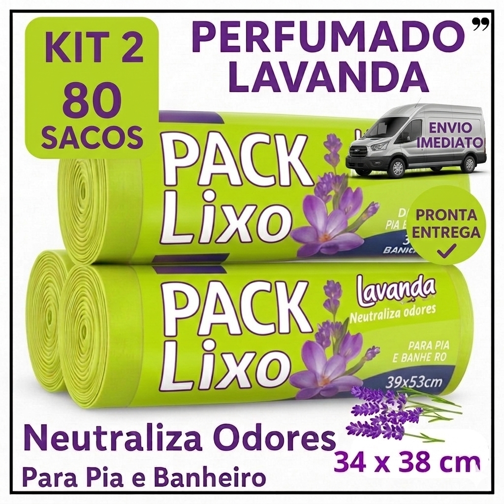 Kit 2  Saco de Lixo Perfumado Lavanda com 80 Sacos Para Pia e Banheiro 34x38 Neutraliza Mal Cheiro Saco de lixo cozinha
