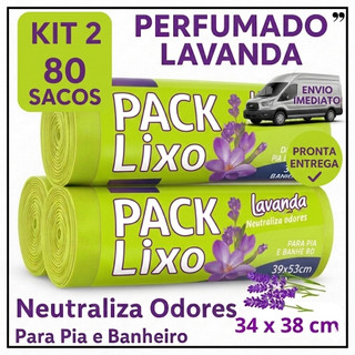 Kit 2  Saco de Lixo Perfumado Lavanda com 80 Sacos Para Pia e Banheiro 34x38 Neutraliza Mal Cheiro Saco de lixo cozinha