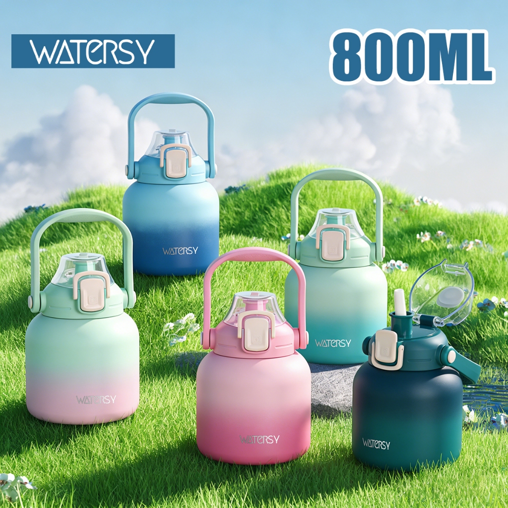 WATERSY Garrafa Térmica 800ml Inox com Canudo e Alça - 24h Frio/8h Quente para Academia e Escola