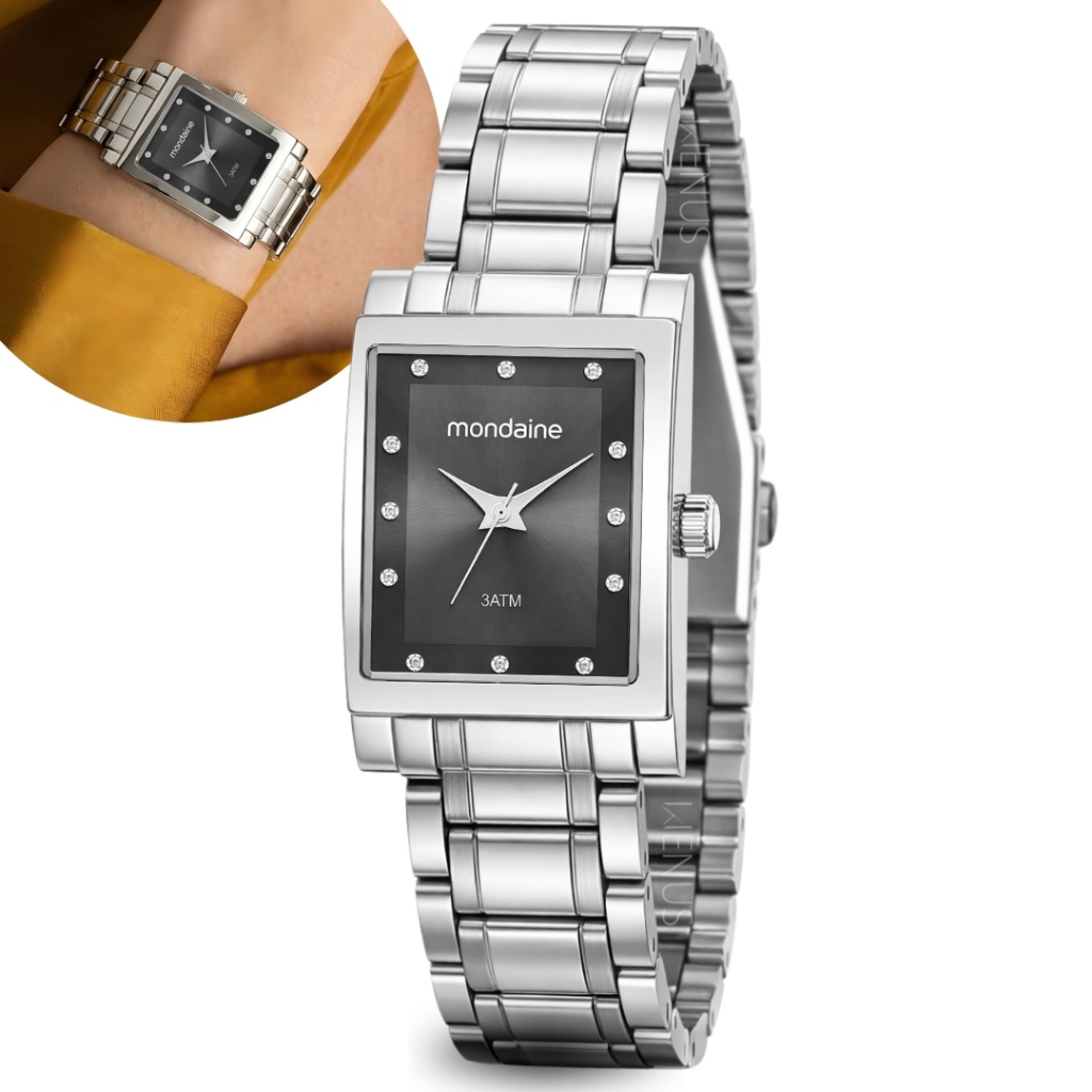 Relógio Mondaine Feminino Analógico Quartz Vintage E Elegante Quadrado Prateado Pulseira Em Aço Inoxidável Original