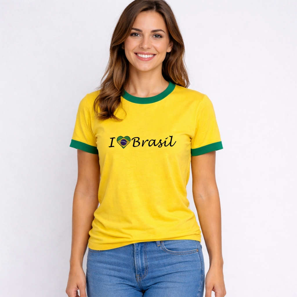 Camiseta Brasil Feminina Amarela Torcida Copa do Mundo Estilo Casual Futebol Estampada