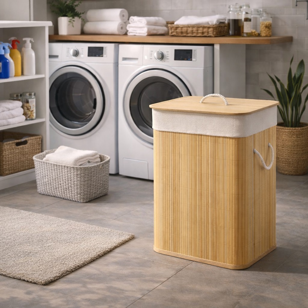 Kit Cesto de Roupa Suja Grande Bambu 70L com Tampa Organizador para Lavanderia
