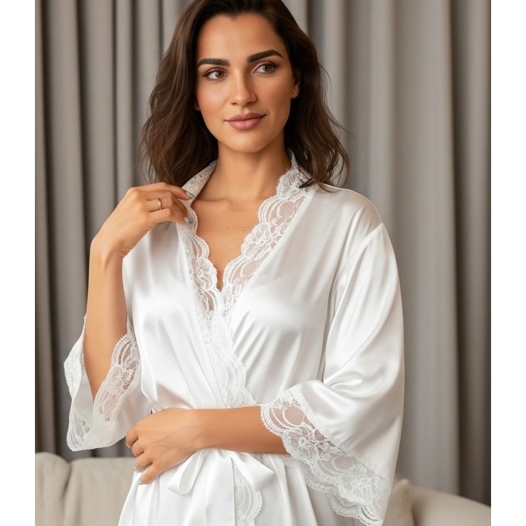 Robe de Cetim Branco com Renda Luxo para Noiva Lua de Mel