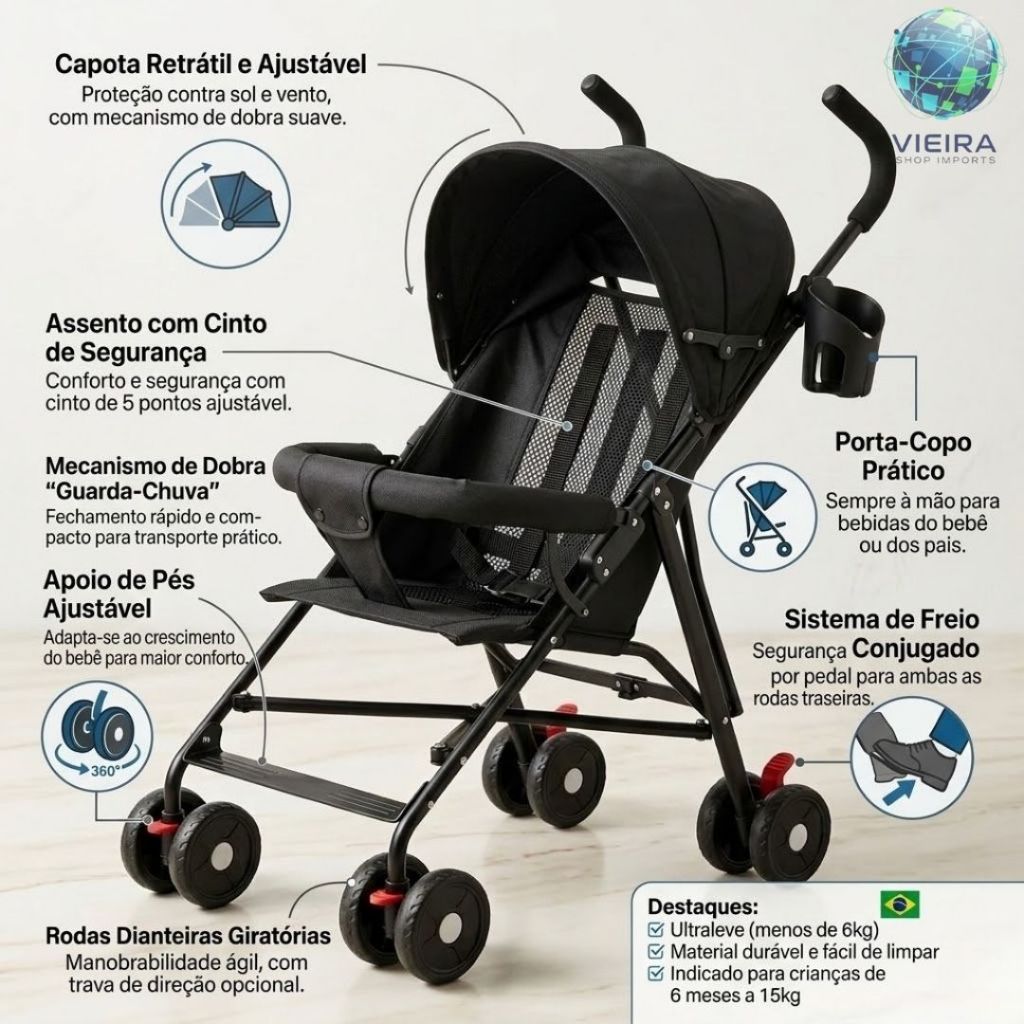 Carrinho de bebê passeio viagem estilo guarda chuva leve dobrável compact seguro para crianças infantil 6 meses até 15kg — imagem 2 de 2