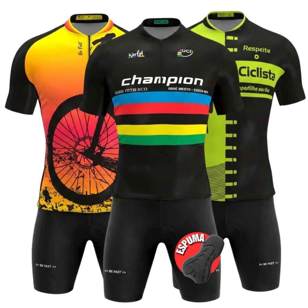 Conjunto Kit Ciclismo Masculino Camiseta Camisa Ciclistas Bermuda Short Forro Espuma Bike Pedal Mtb