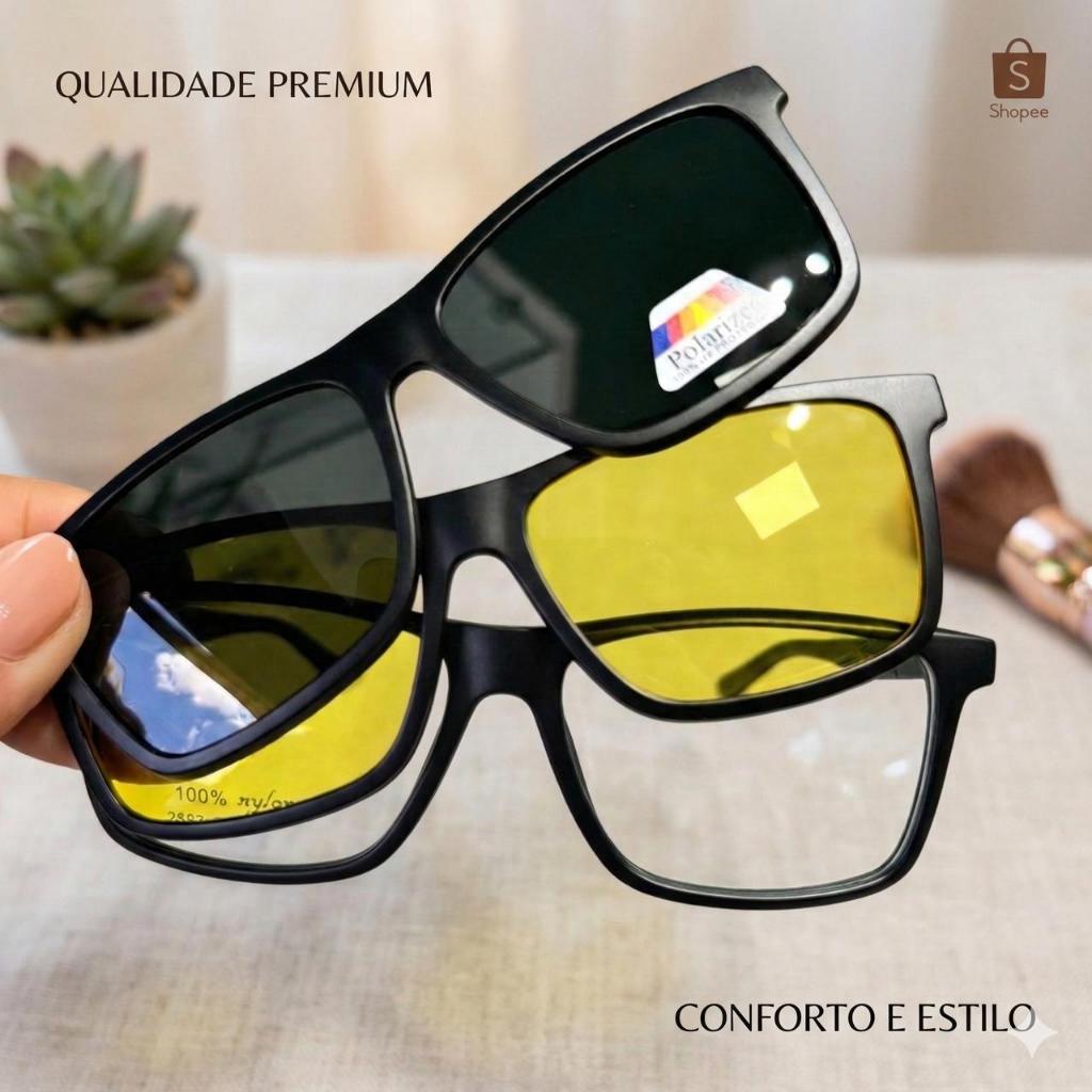 Armação De Óculos Clipon Com Lente Polarizadas Masculino Bandeira 3 Em 1 Sunglasses Magnetic Eyewear