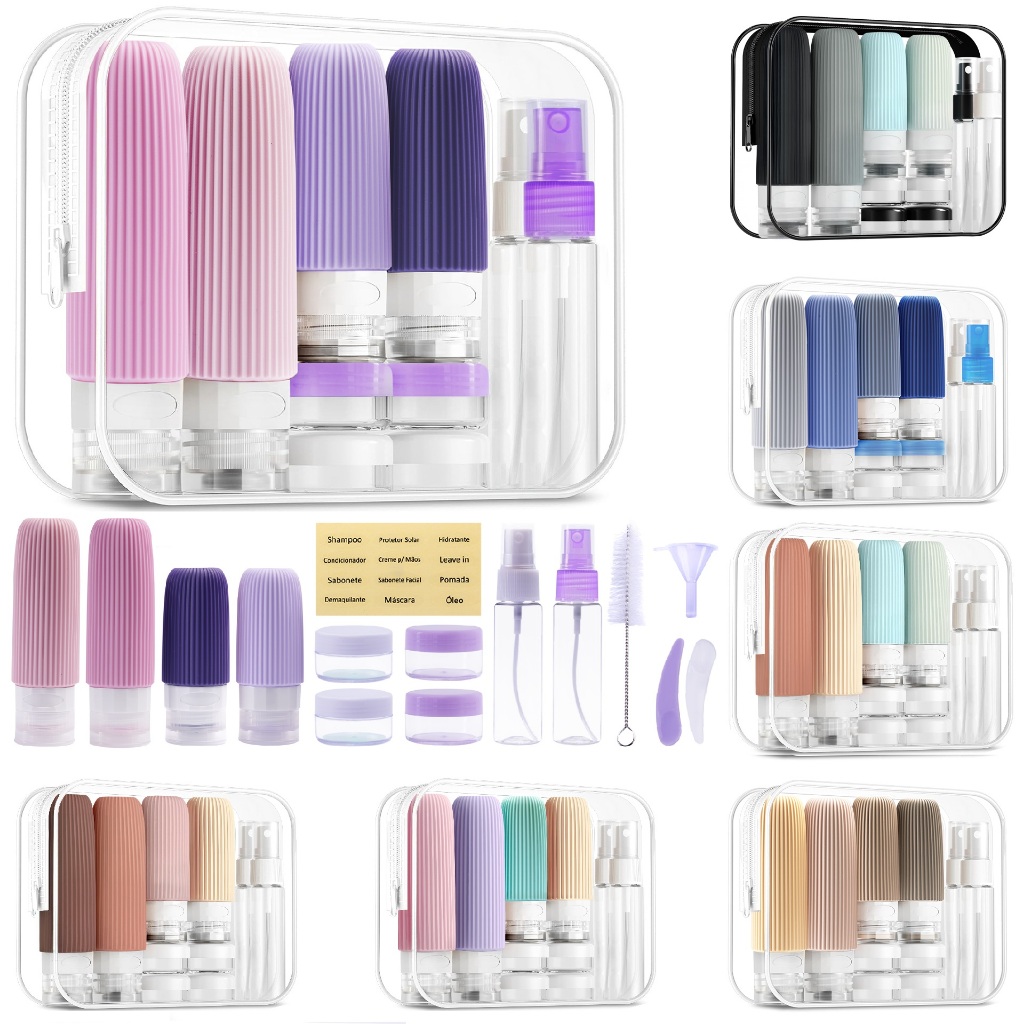 Kit Potes Frascos Silicone Viagem Creme Shampoo Condicionador Cosméticos 16 Peças