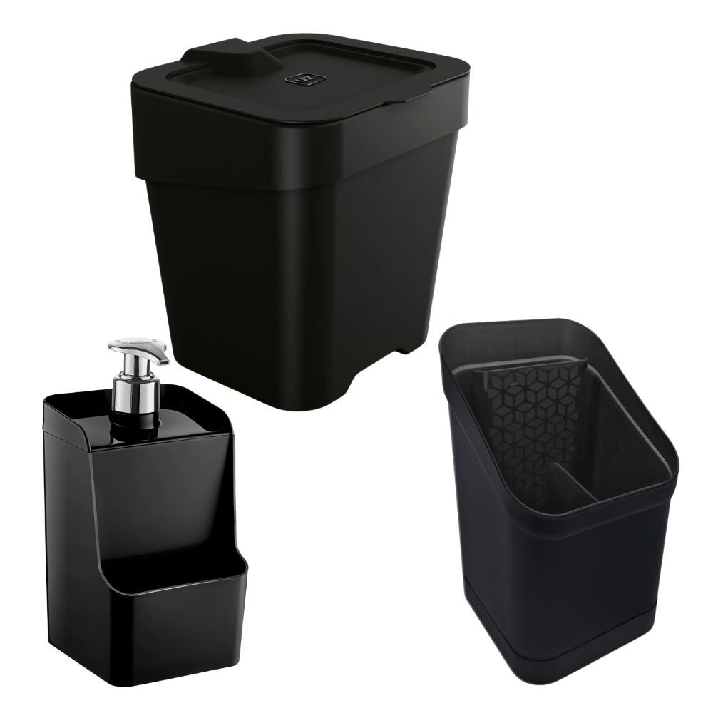 Kit 2/3 Peças Lixeira 2,5L, Escorredor de Talheres C/ Divisória P/ Facas, Porta Detergente Cozinha/Kit 2 Peças