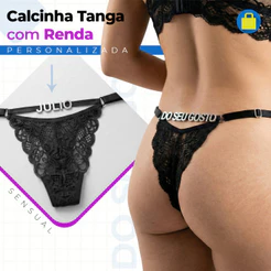 Calcinha Tanga com Renda Feminina Sensual com Regulagem Personalizada Com Nome ou Frase