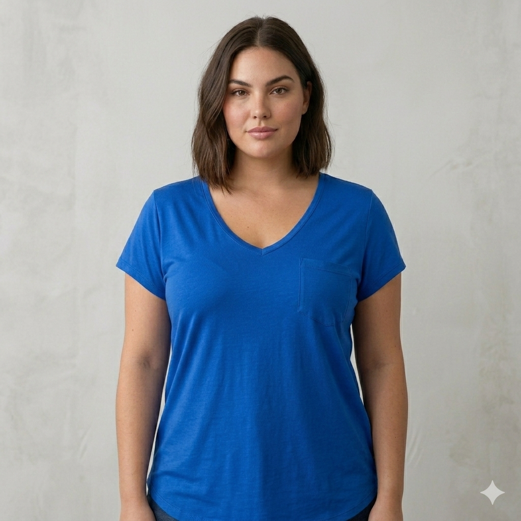 Blusa Feminina Azul Royal Manga Curta Com Bolso E Barra Alongada Atrás (Modelo Mullet)