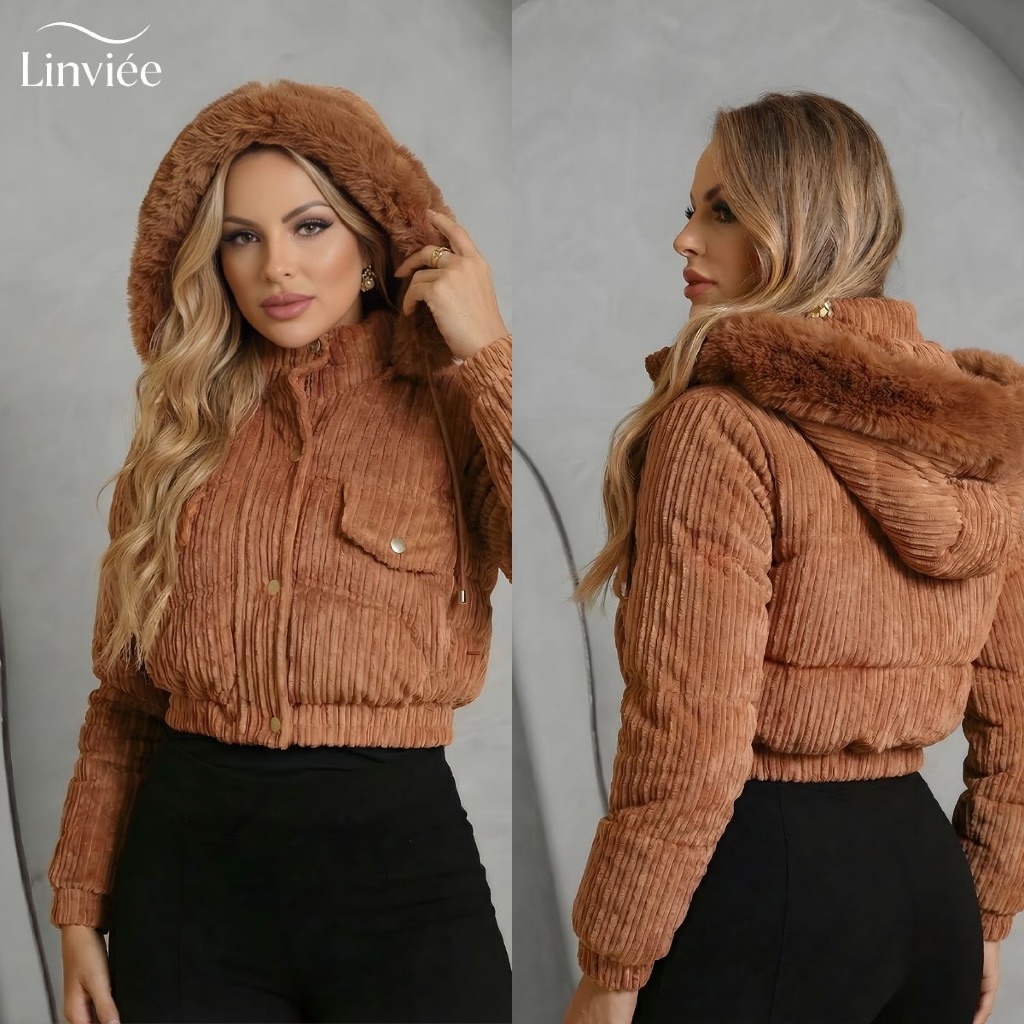 Jaqueta Feminina Cotelê Puffer Casaco Cropped Forrado Peluciada Capuz Removível Teddy em Oferta na Shopee