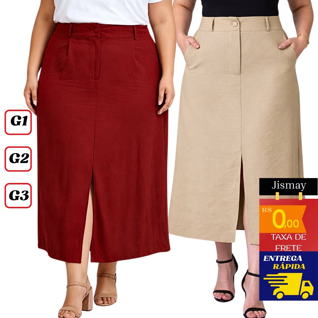 Saia Midi Feminina Plus Size Alfaiataria Marrante Cintura Alta Fenda Frontal Bolso Elegante G1 G2 G3