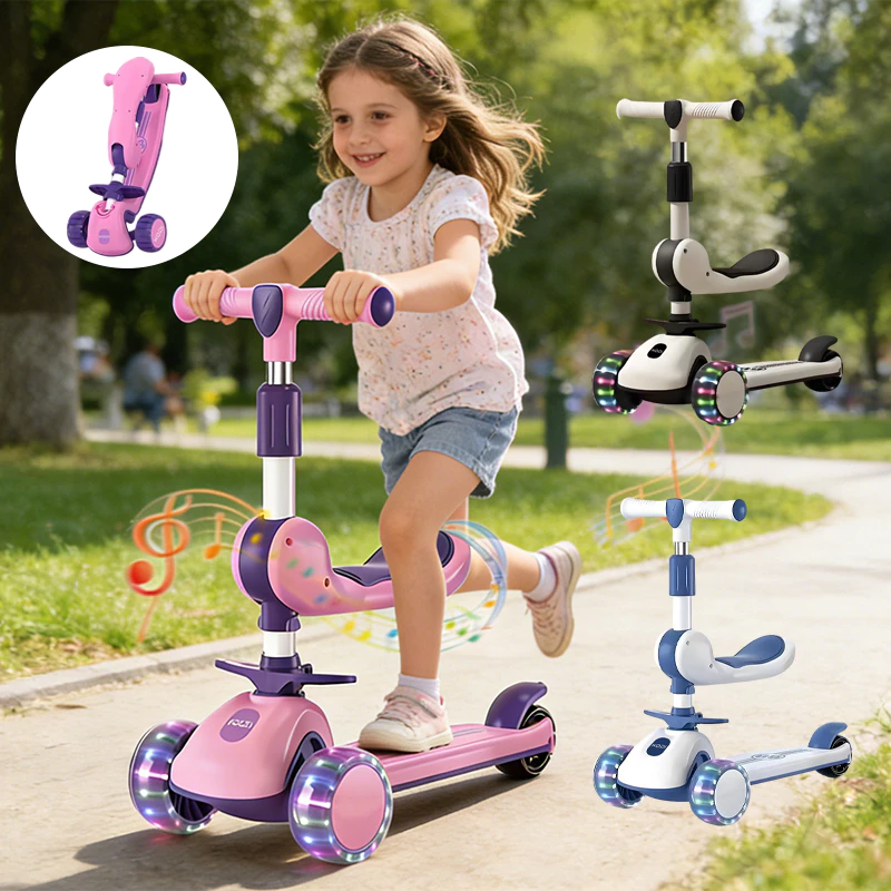 Patinete Infantil com Luz e Som Dobrável, Guidão Regulável Até 60kg Menino e Menina ao Ar Livre-B03