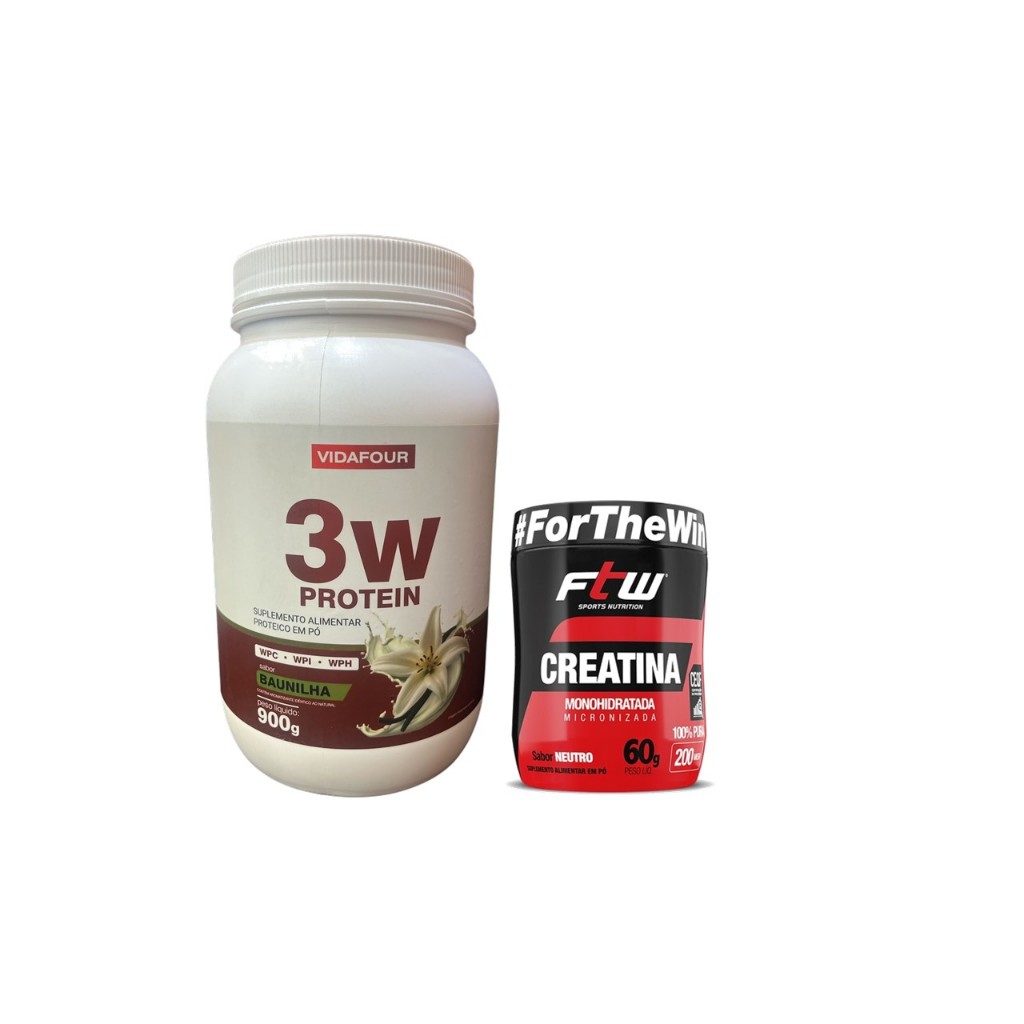 Whey Protein 3w Vidafour 900g Chocolate + Creatina 100% Pura Monohidratada FTW