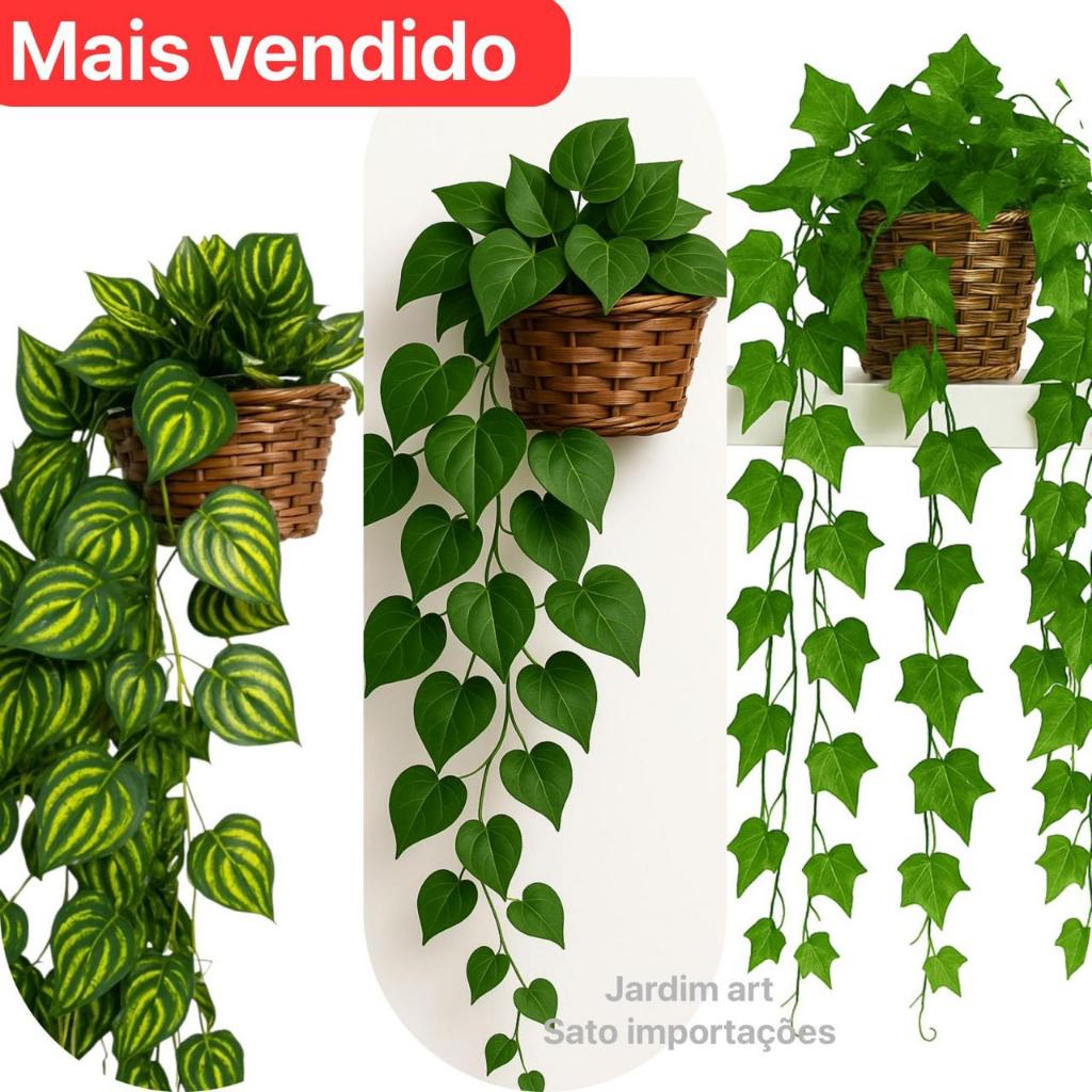 Kit : 3 Trepadeira de Folha De Hera + 1 Vaso Trançado - Arranjo completo PT11