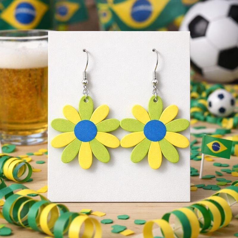 Detalhes do Brinco Brasil Copa 2026. 3D PLA.  Dona Queen Elegância.  Moda Torcida