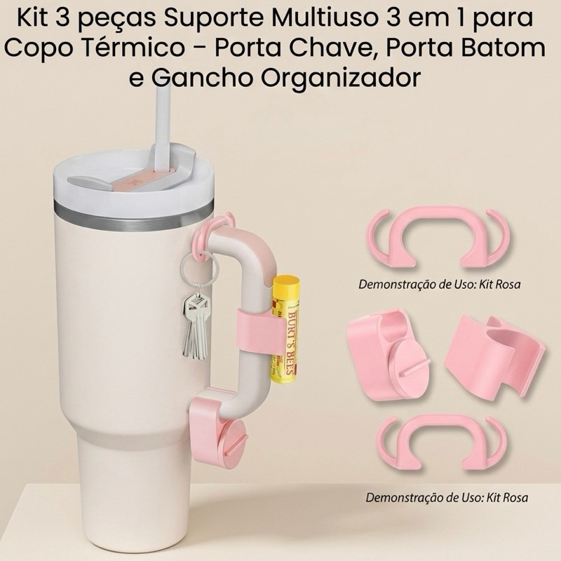 Kit 3 pecas Suporte Multiuso 3 em 1 para Copo Térmico – Porta Chave, Porta Batom e Gancho Organizador