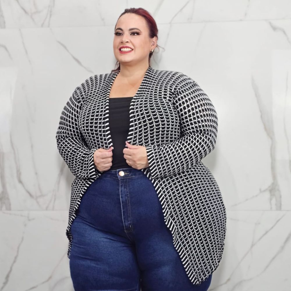 Casaco Cardigan Plus Size em Trico Meia Estacao Alongado Estampado Manga Longa Moda Outono Veste 50 ao 54