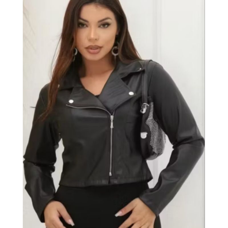jaqueta de Couro femenina con ziper invernoelegante em Oferta na Shopee